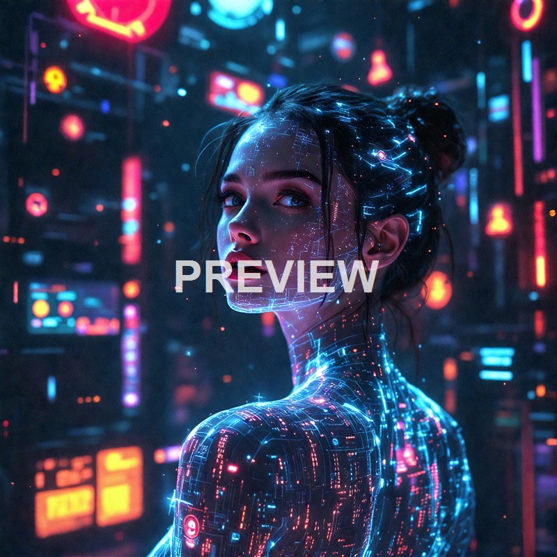 A woman with glowing digital circuits and holographic patterns on her face and body, set against a background of neon-lit futuristic screens and symbols.